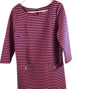 Lilly Pulitzer Pink Navy stripe 3/4 Sleeve Charlene Shift Dress Size Large